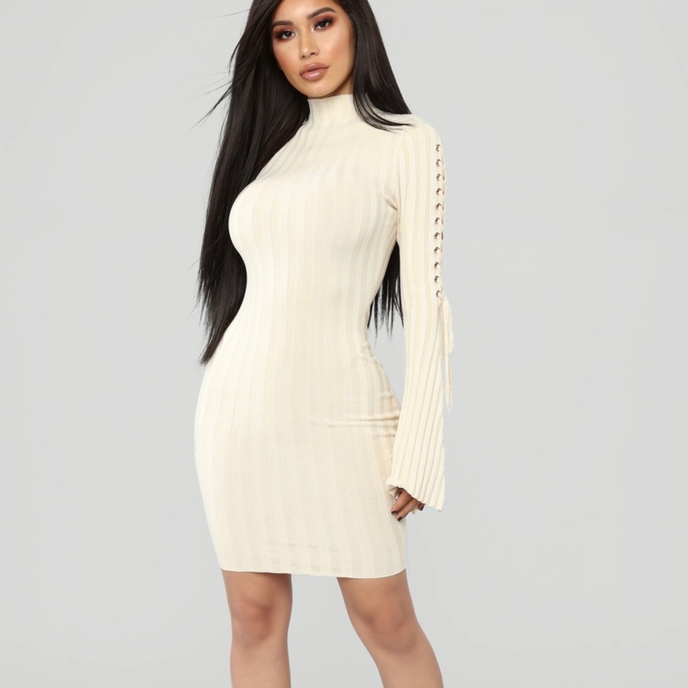Sweater dress ivory, lace up sleeve detail, size small NWT